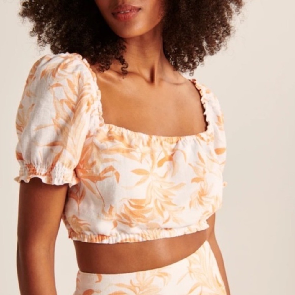 Abercrombie & Fit Puff Sleeve‎ Linen Crop Top Orange Cream Floral Preppy Cottage